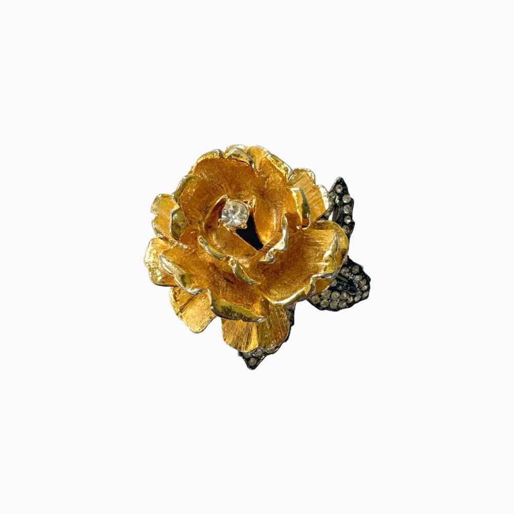 Vintage Gold Rose Brooch Demi Parure Rhinestones MCM Mid-Century 60s Rare Find